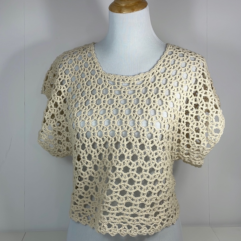 Crochet top, short sleeve bohemian top, Size Small